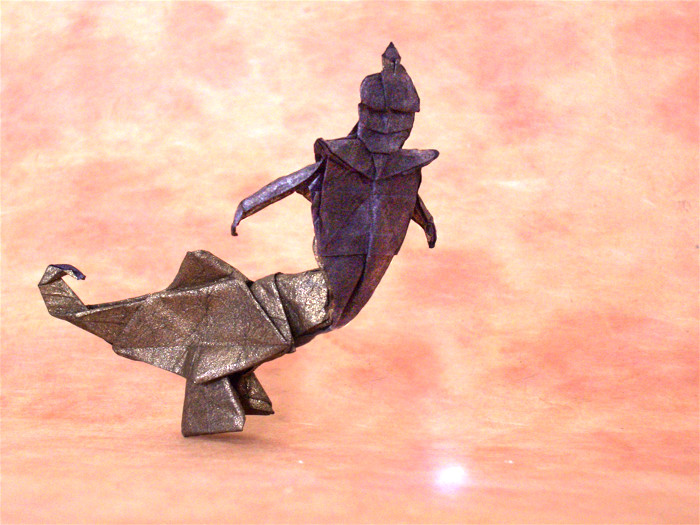 Origami Genie in lamp by Fernando Gilgado Gomez. Folded from a square of tissue-foil by Gilad Aharoni on giladorigami.com
