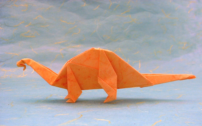Origami Apatosaurus by Steve Biddle. Folded from a square of Golden River Leather paper by Gilad Aharoni on giladorigami.com
