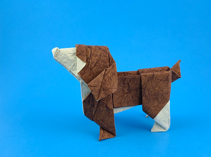 Origami Dog by Andrew Hudson. Folded from a square of Tea Stained Leather scrapbooking paper by Gilad Aharoni on giladorigami.com