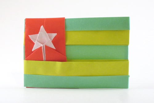 Origami Flag of Togo by Gilad Aharoni. Folded from 2 squares of duo origami paper by Gilad Aharoni on giladorigami.com
