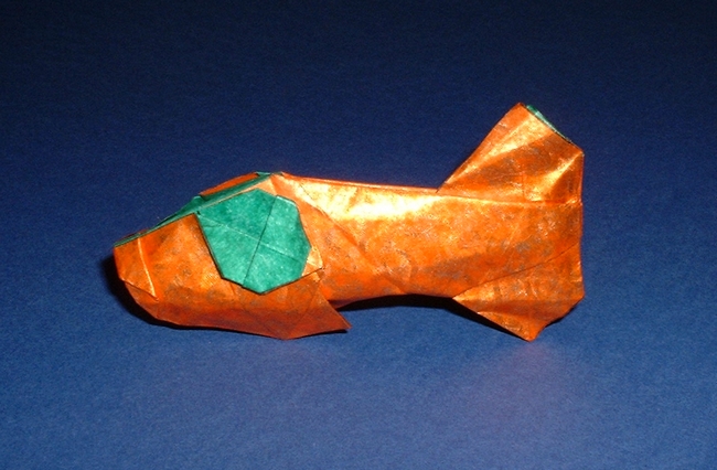 Origami Goldfish by Masamichi Noma. Folded from a square of tissue+patterned Japanese foil+tissue by Gilad Aharoni on giladorigami.com