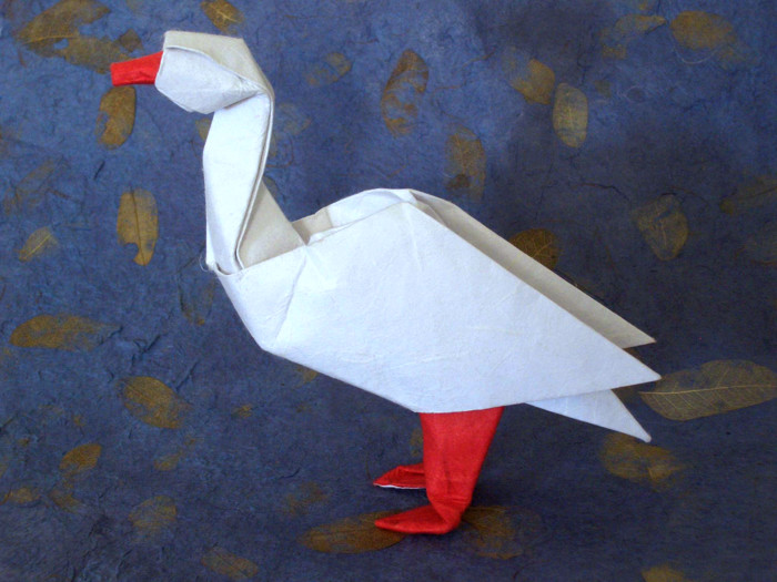 Origami Goose by David Brill. Wet-folded from a square of double-sided mulberry paper by Gilad Aharoni on giladorigami.com