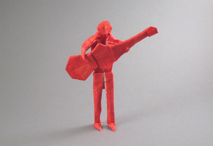 Origami Guitarist by Marc Kirschenbaum. Folded from a US $bill proportioned rectangle of Unryu paper by Gilad Aharoni on giladorigami.com