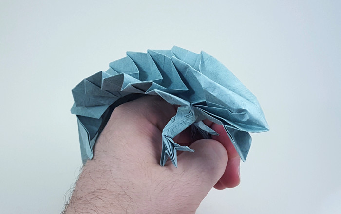 Origami Iguana IV by Jean Claude Correia. Folded from a rectangle of Golden River Leather paper by Gilad Aharoni on giladorigami.com