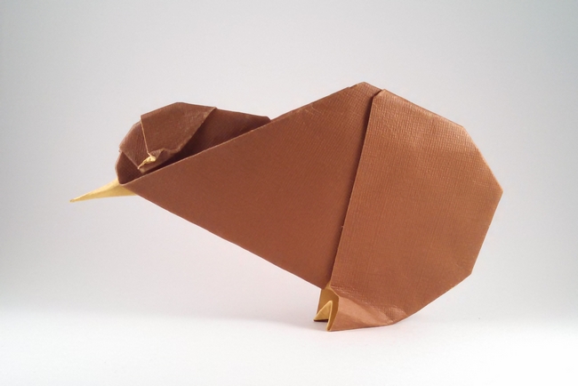 Origami Kiwi by Morisawa Aoto. Folded from a square of Maplenut scrapbooking paper by Gilad Aharoni on giladorigami.com