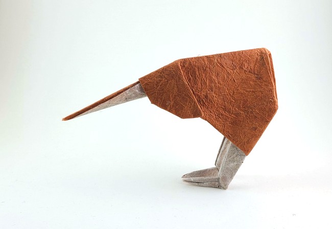 Origami Kiwi by Kamo Hiroo. Folded from a square of Duo Thai origami paper by Gilad Aharoni on giladorigami.com