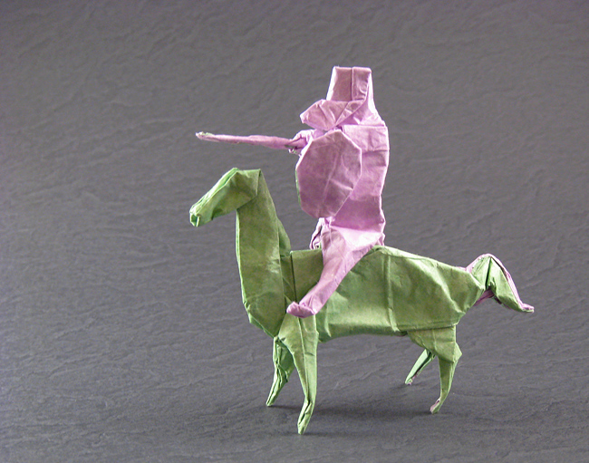 Origami Knight on horseback by Peter Engel. Folded from a square of Kathy Stevick's tissue-foil by Gilad Aharoni on giladorigami.com