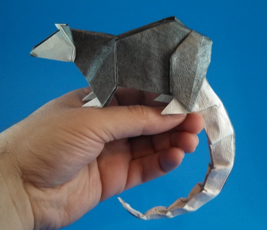 Origami Opossum by Aaron Einbond. Folded from a square of Crinkle Charcoal scrapbooking paper by Gilad Aharoni on giladorigami.com
