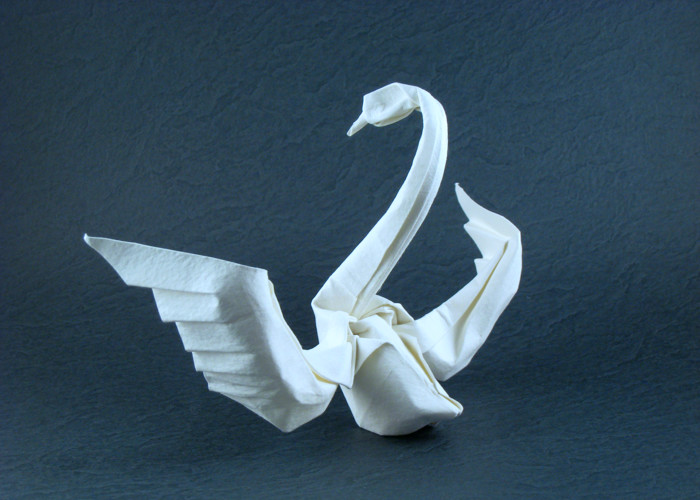 Origami Swan by Hoang Tien Quyet. Wet-folded from a triangle of watercolor paper by Gilad Aharoni on giladorigami.com