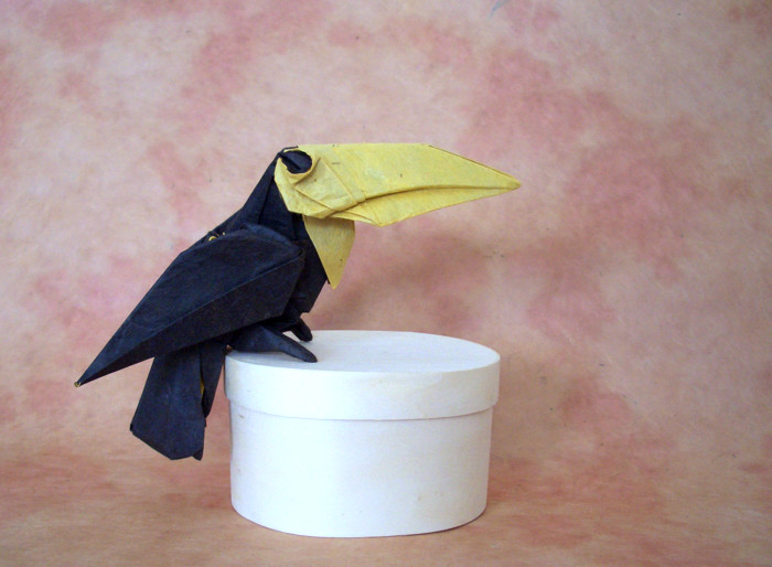 Origami Toucan by Michael G. LaFosse. Folded from a square of duo unryu paper by Gilad Aharoni on giladorigami.com