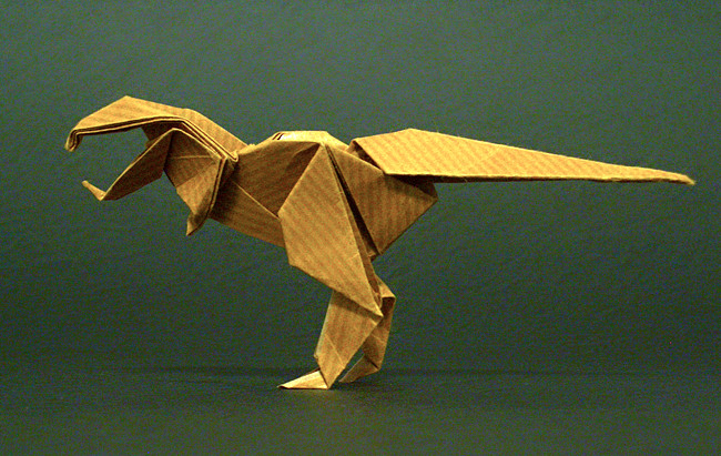 Origami Tyrannosaurus by Kunihiko Kasahara. Folded from a square of Kraft origami paper by Gilad Aharoni on giladorigami.com