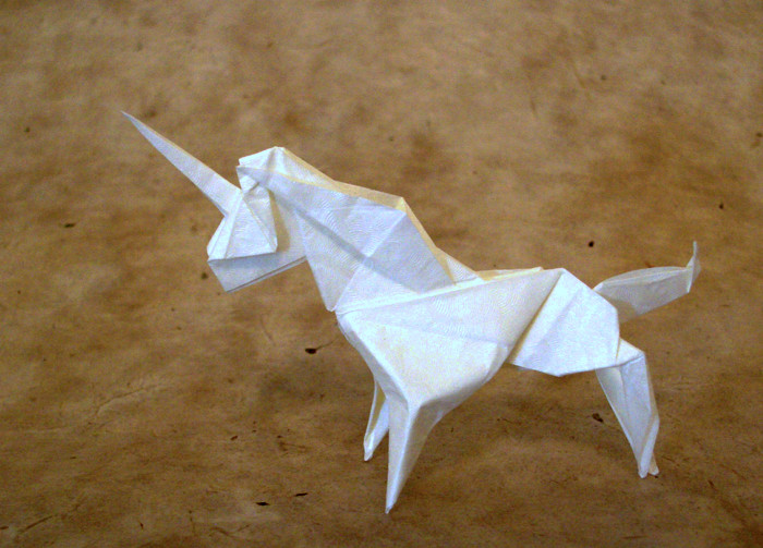 Origami Unicorn by Yamada Katsuhisa. Folded from a square of Alabaster origami paper by Gilad Aharoni on giladorigami.com