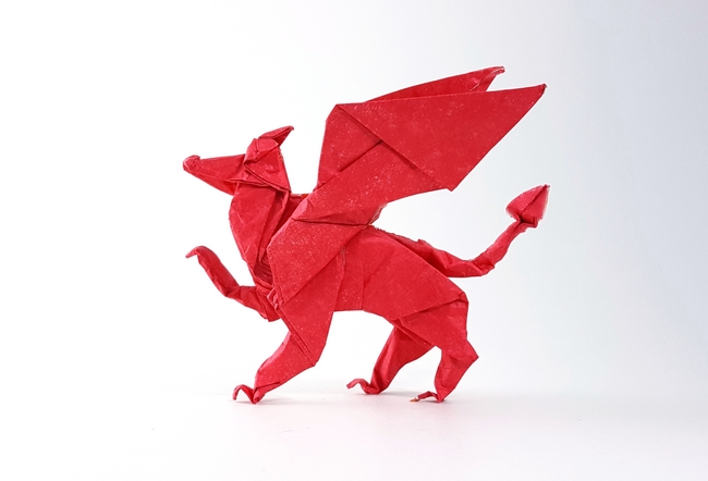 Origami Welsh dragon by Tony O'Hare. Folded from a square of Kathy Stevick's tissue foil by Gilad Aharoni on giladorigami.com