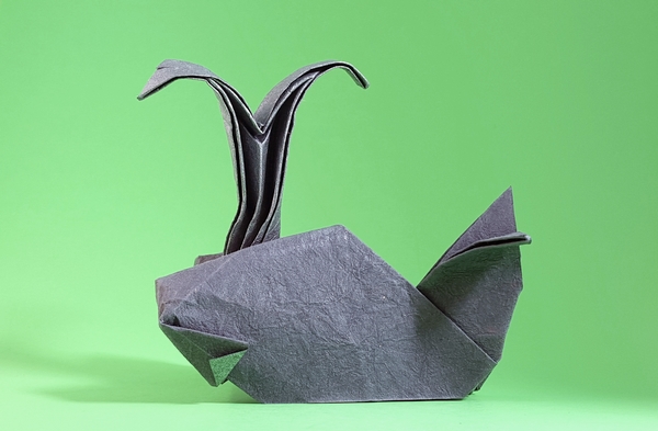 Origami Whale by Xin Can (Ryan) Dong. Folded from a square of Crinkle Charcoal scrapbooking paper by Gilad Aharoni on giladorigami.com