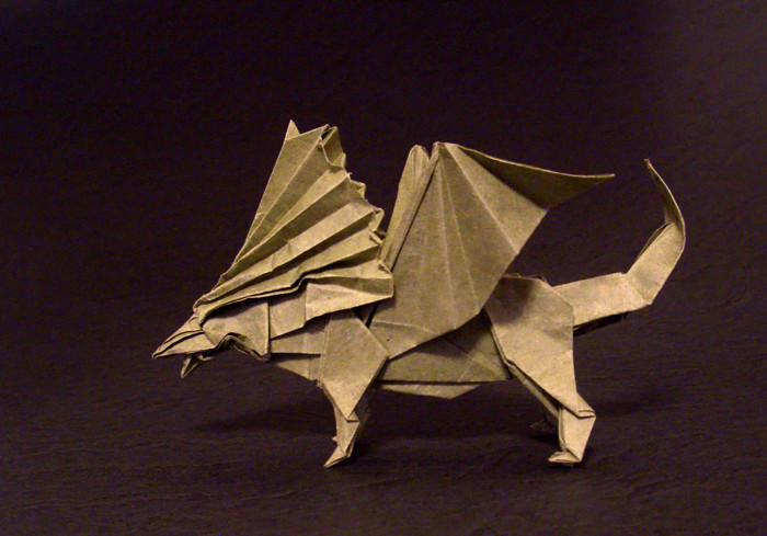 Origami Winged Lion by Kozasa Keiichi. Folded from a square of Trimaco masking paper by Gilad Aharoni on giladorigami.com
