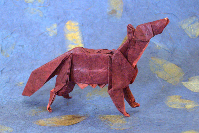 Origami Wolf by Christophe Boudias. Folded from a square of double-sided mulberry paper by Gilad Aharoni on giladorigami.com