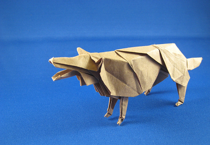 Origami Wolf by Hideo Komatsu. Folded from a square of Trimaco masking paper by Gilad Aharoni on giladorigami.com