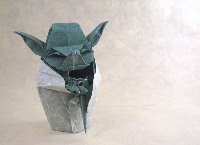 Origami Yoda the Jedi master by Fumiaki Kawahata. Wet-folded from a square of double-sided Unryu paper by Gilad Aharoni on giladorigami.com