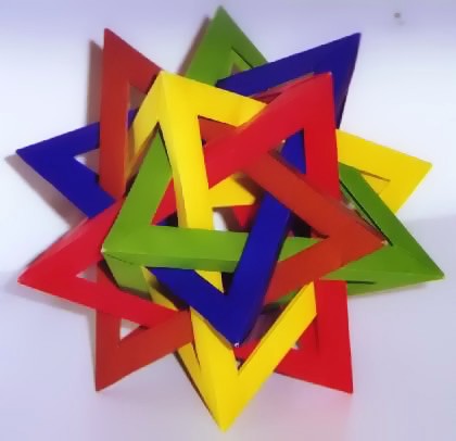 Origami 5 intersecting tetrahedra by Thomas Hull. Folded from 30 rectangles of origami paper by Gilad Aharoni on giladorigami.com